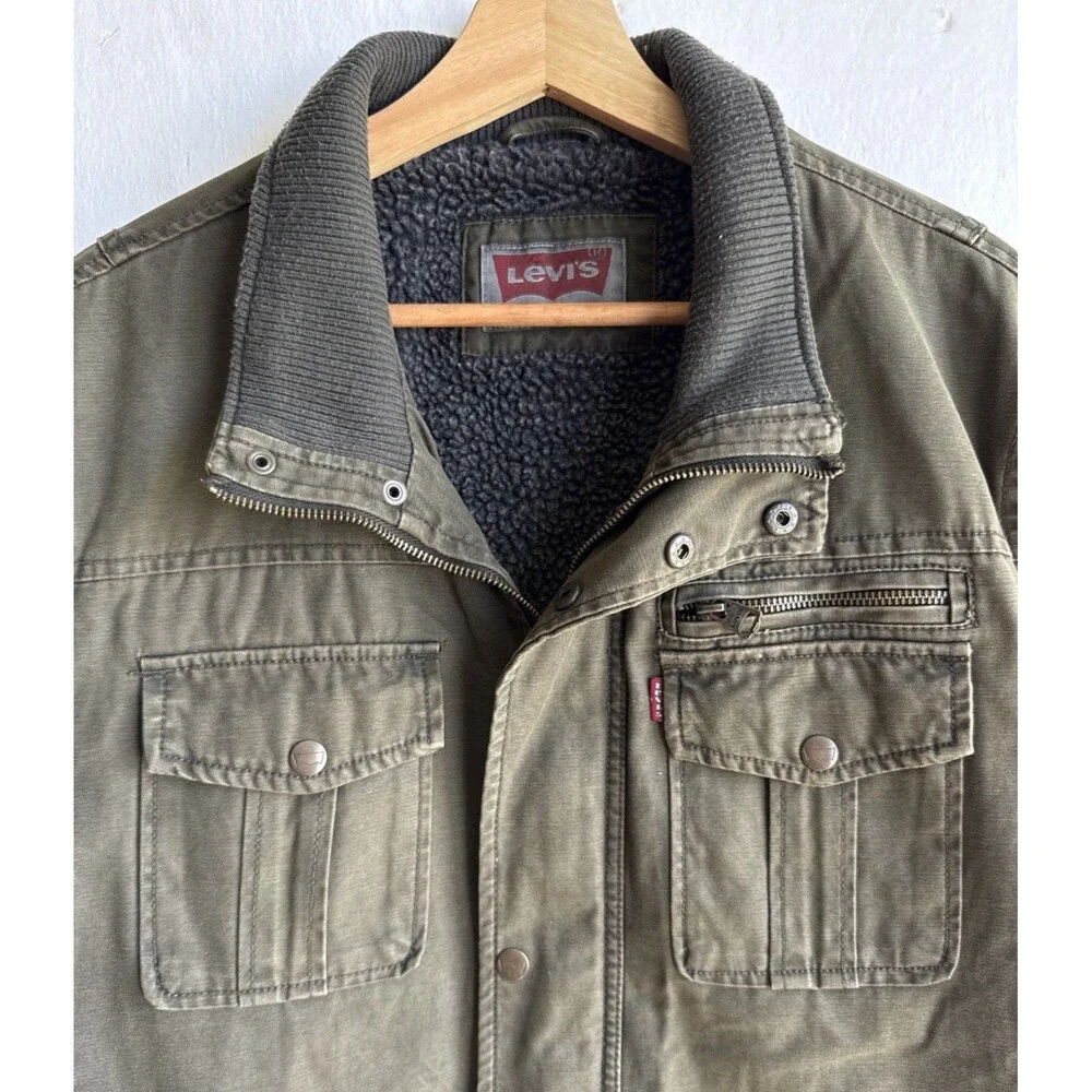 Levi’s Jacket Men’s L Green Canvas Military Hipster Sherpa Lined Full Zip Urban
